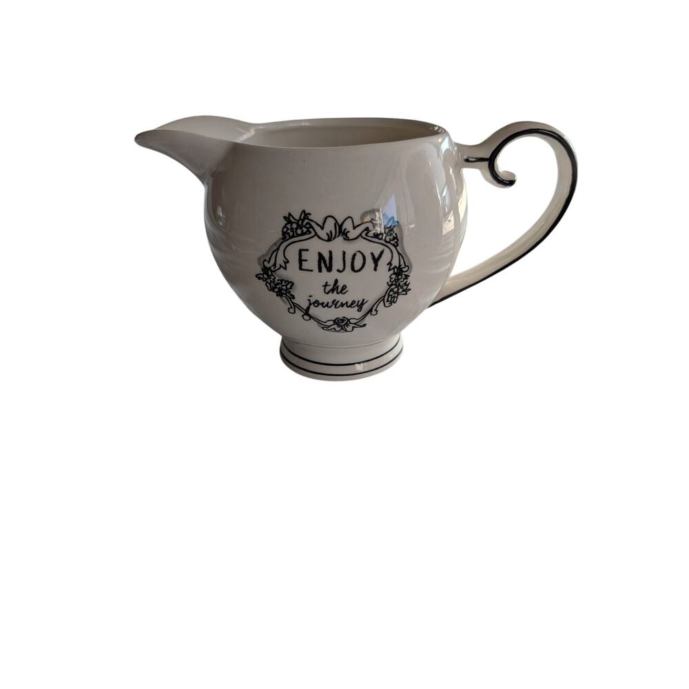 Katie & Mandy White Ceramic Creamer w/ Black Accents "Enjoy the Journey"